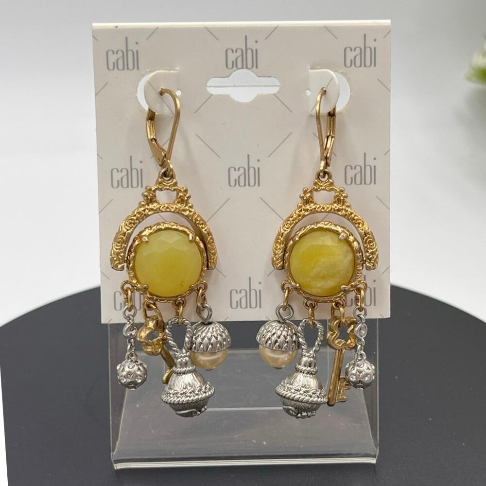 Cabi Curio Dangles Key, Faux Pearl, Silver Ball Charms Yellow Stone Earrings